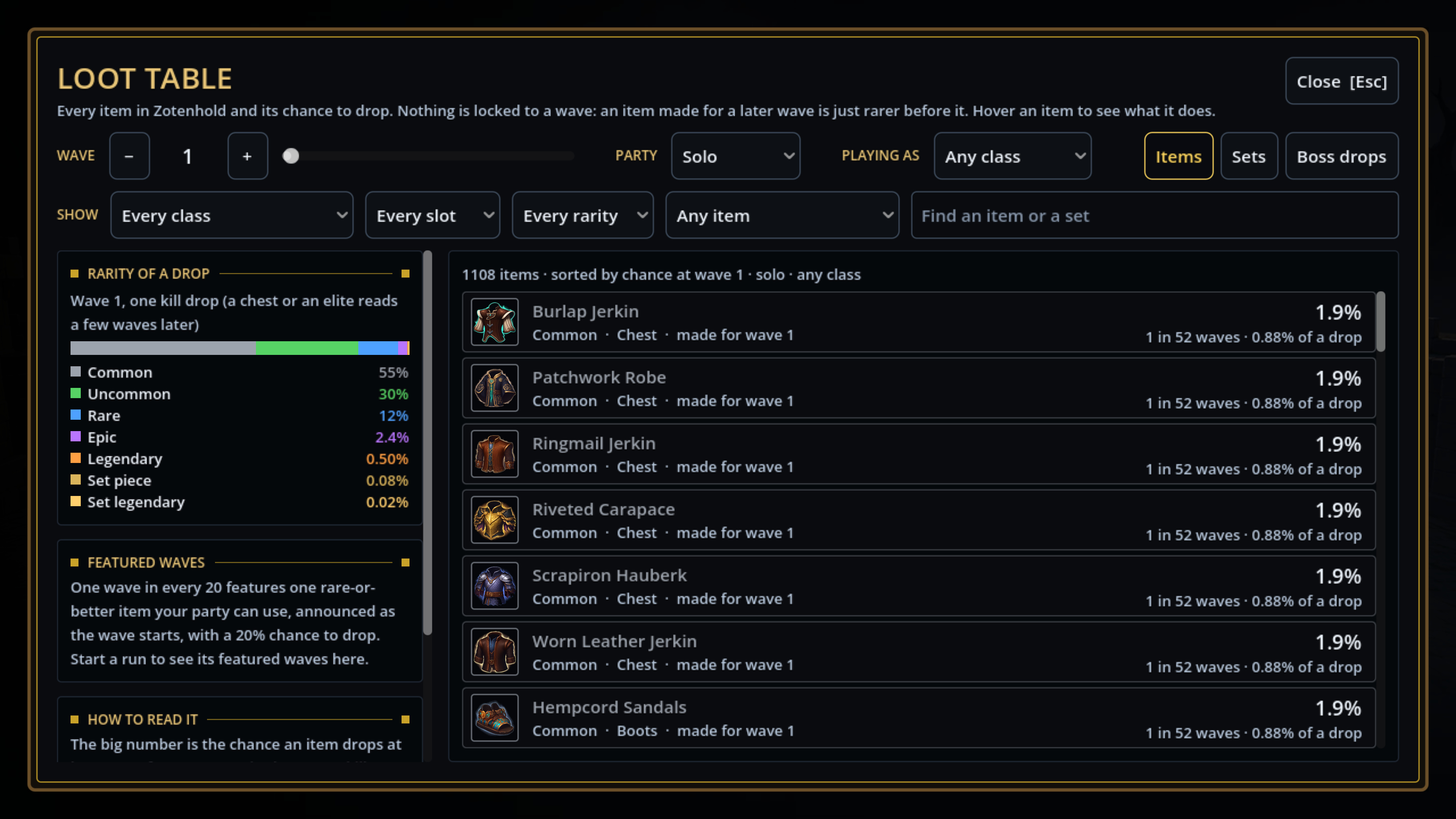 In-game loot catalogue showing possible drops