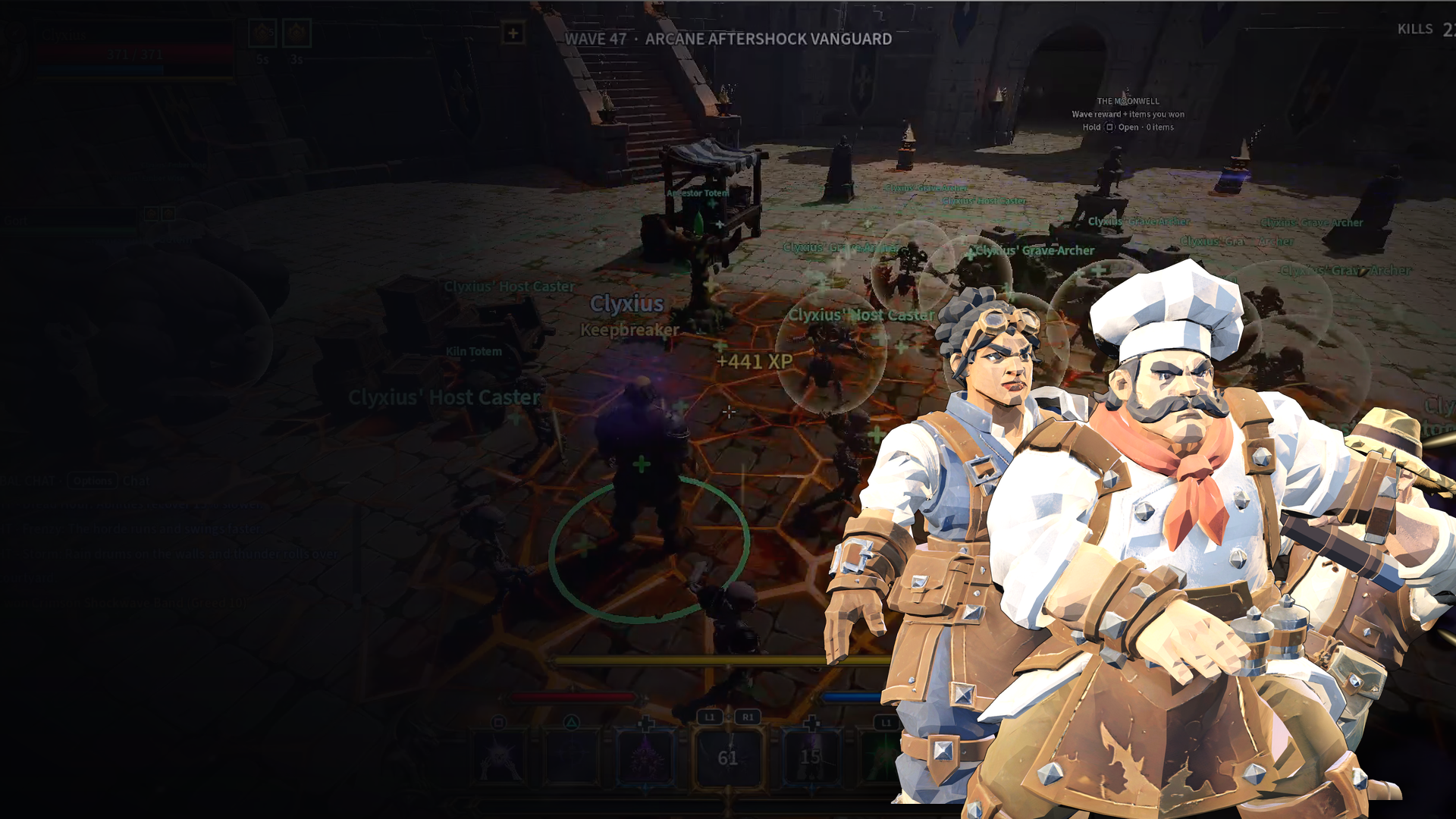 A Zotenhold summoner and army fighting an endless courtyard wave beside three playable heroes